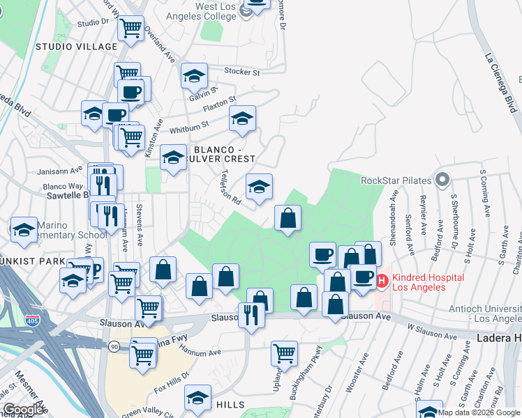 map of restaurants, bars, coffee shops, grocery stores, and more near 10814 Molony Road in Culver City