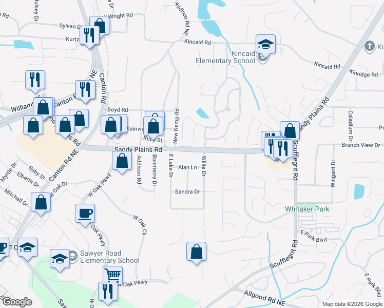 map of restaurants, bars, coffee shops, grocery stores, and more near 1806 Sandy Plains Road in Marietta