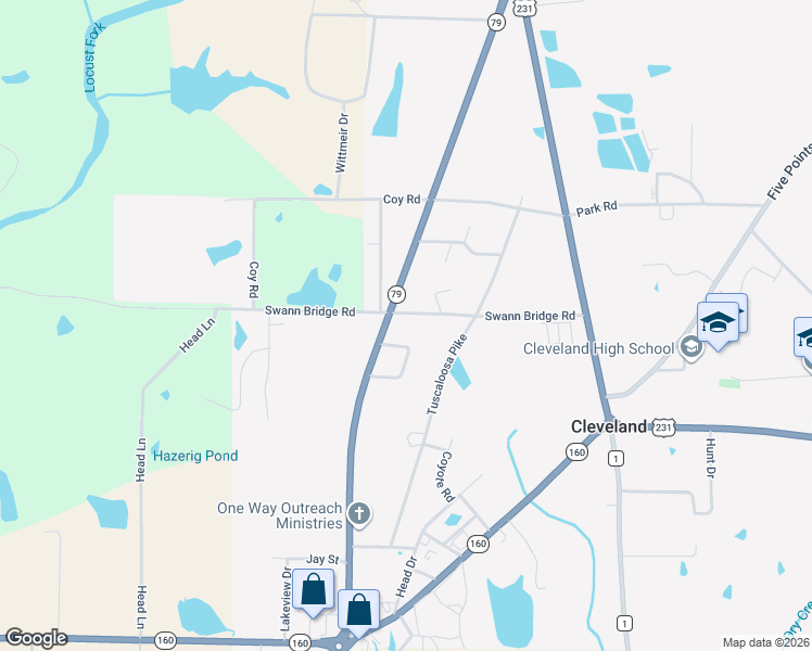 map of restaurants, bars, coffee shops, grocery stores, and more near 37020 Alabama 79 in Cleveland