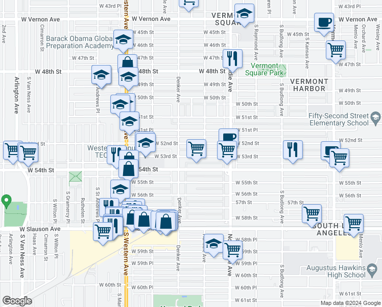 map of restaurants, bars, coffee shops, grocery stores, and more near 1533 West 53rd Street in Los Angeles