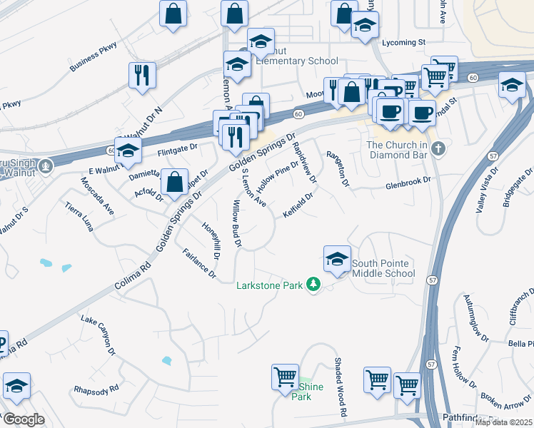 map of restaurants, bars, coffee shops, grocery stores, and more near 20535 Trend Court in Walnut