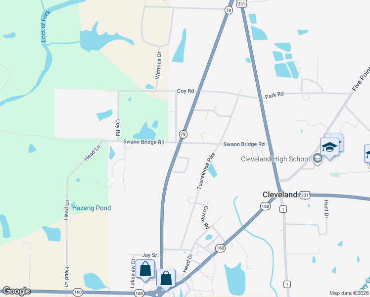 map of restaurants, bars, coffee shops, grocery stores, and more near 37026 Alabama 79 in Cleveland