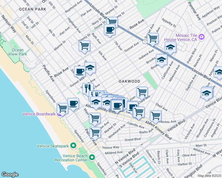 map of restaurants, bars, coffee shops, grocery stores, and more near 512 Brooks Avenue in Los Angeles