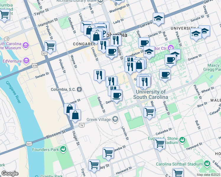 map of restaurants, bars, coffee shops, grocery stores, and more near 915 Greene Street in Columbia