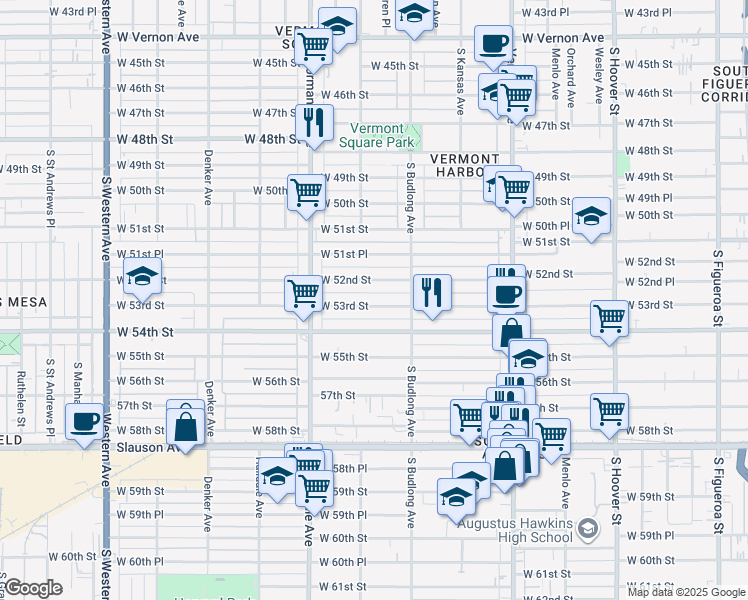 map of restaurants, bars, coffee shops, grocery stores, and more near 1245 West 53rd Street in Los Angeles
