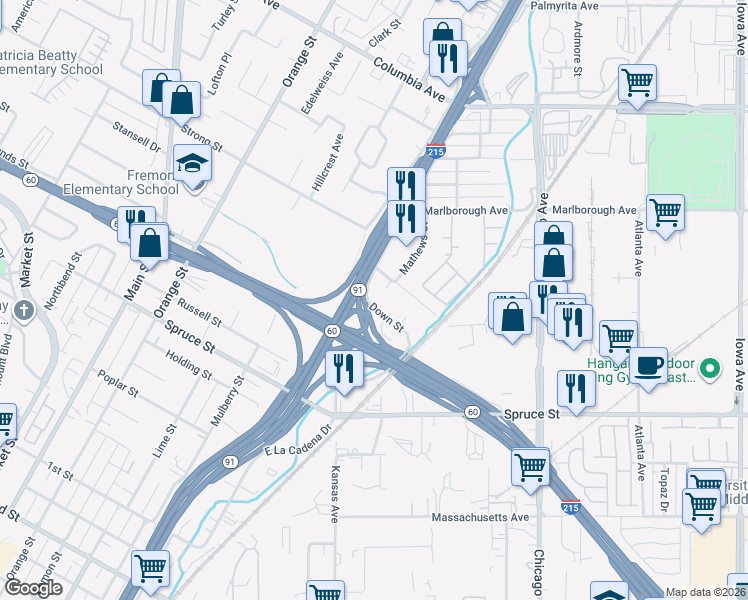 map of restaurants, bars, coffee shops, grocery stores, and more near 2135 Down Street in Riverside