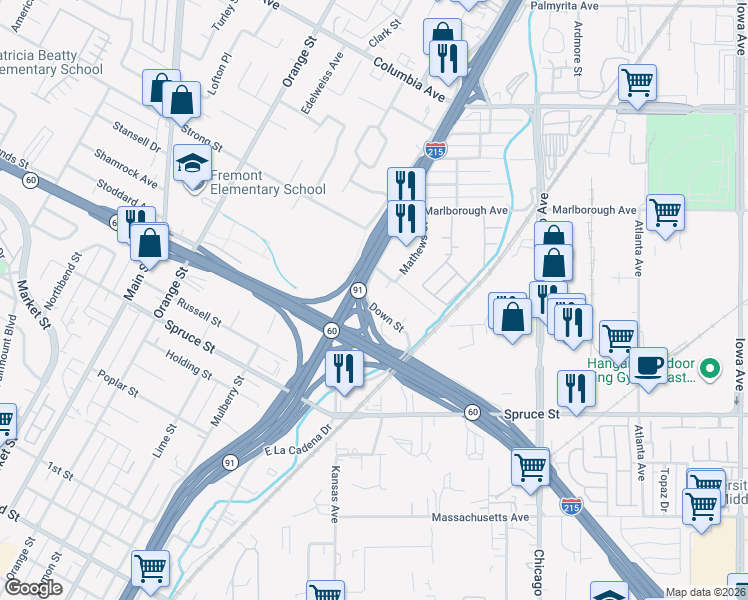 map of restaurants, bars, coffee shops, grocery stores, and more near 2135 Down Street in Riverside