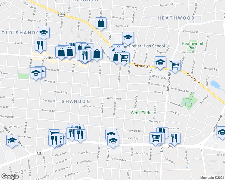 map of restaurants, bars, coffee shops, grocery stores, and more near 3226 Wheat Street in Columbia