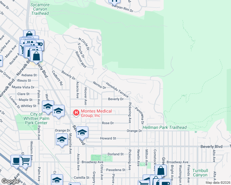 map of restaurants, bars, coffee shops, grocery stores, and more near 5516 Arrambide Drive in Whittier