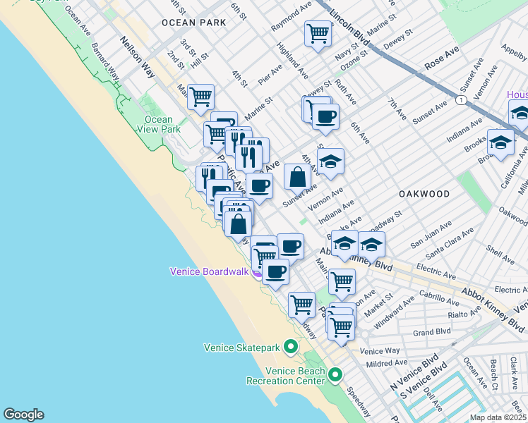 map of restaurants, bars, coffee shops, grocery stores, and more near 106 Paloma Avenue in Los Angeles