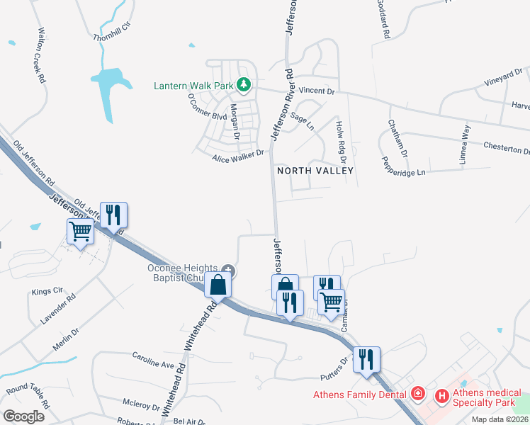 map of restaurants, bars, coffee shops, grocery stores, and more near 345 Jefferson River Road in Athens