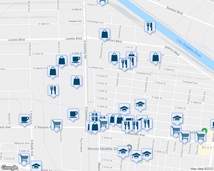 map of restaurants, bars, coffee shops, grocery stores, and more near 3558 East 53rd Street in Maywood