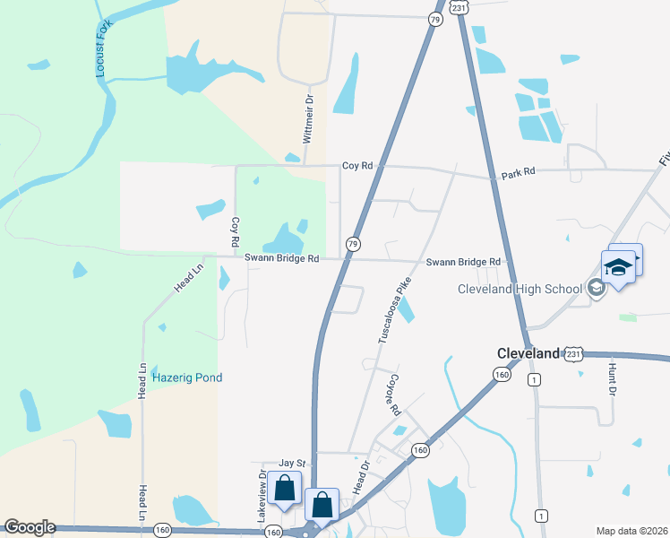 map of restaurants, bars, coffee shops, grocery stores, and more near 37026 Alabama 79 in Cleveland