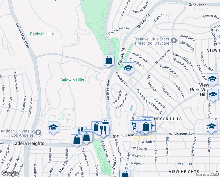map of restaurants, bars, coffee shops, grocery stores, and more near 5101 Brea Crest Drive in View Park-Windsor Hills