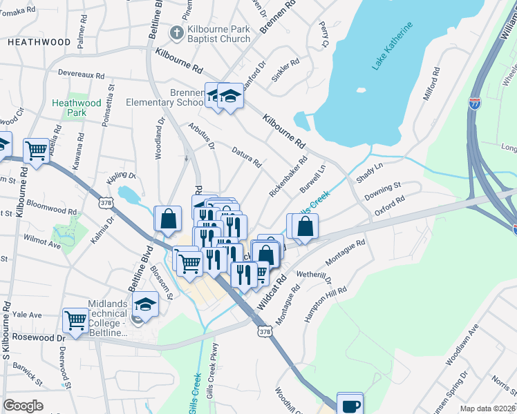 map of restaurants, bars, coffee shops, grocery stores, and more near 815 Rickenbaker Road in Columbia