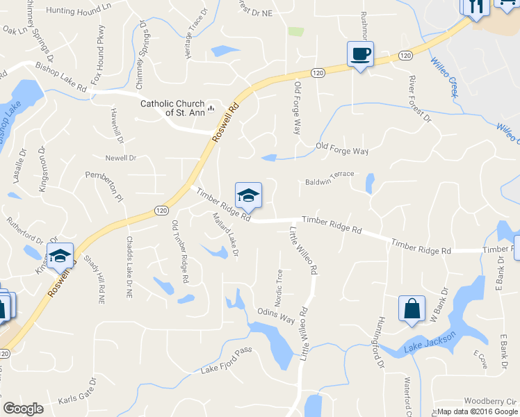 map of restaurants, bars, coffee shops, grocery stores, and more near 1905 Shelburne Cove Northeast in Marietta