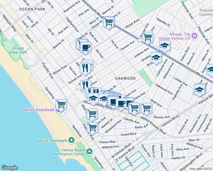map of restaurants, bars, coffee shops, grocery stores, and more near 512 Brooks Avenue in Los Angeles