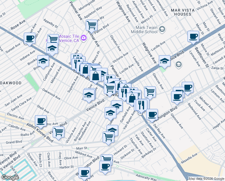 map of restaurants, bars, coffee shops, grocery stores, and more near 2310 California 1 in Los Angeles