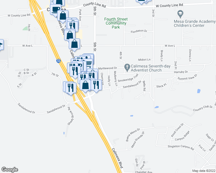 map of restaurants, bars, coffee shops, grocery stores, and more near 460 Sandalwood Drive in Calimesa