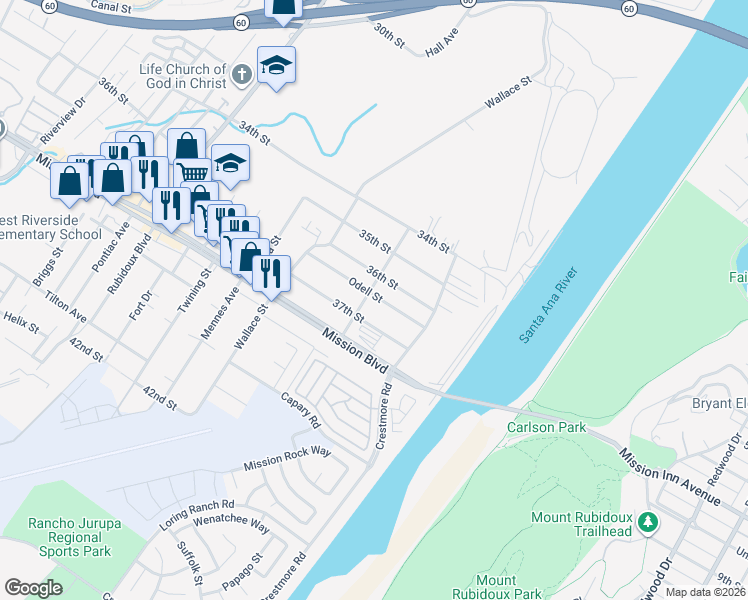 map of restaurants, bars, coffee shops, grocery stores, and more near 5279 Odell Street in Riverside