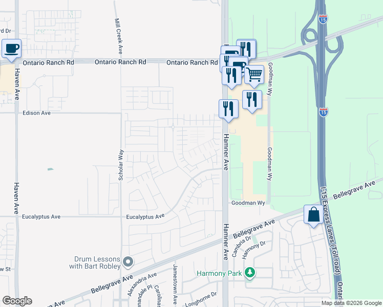 map of restaurants, bars, coffee shops, grocery stores, and more near 11111 Edison Avenue in Ontario