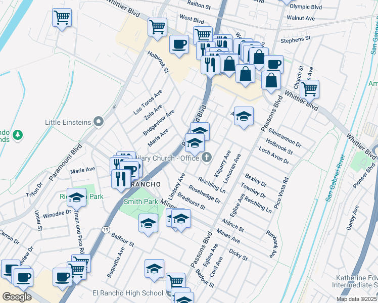 map of restaurants, bars, coffee shops, grocery stores, and more near 5430 California 19 in Pico Rivera