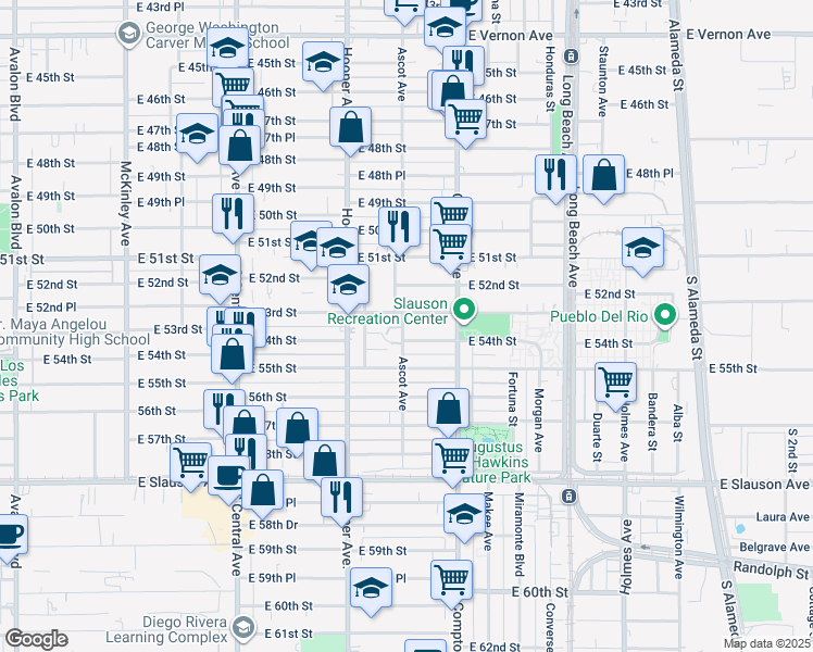 map of restaurants, bars, coffee shops, grocery stores, and more near 5318 Ascot Avenue in Los Angeles