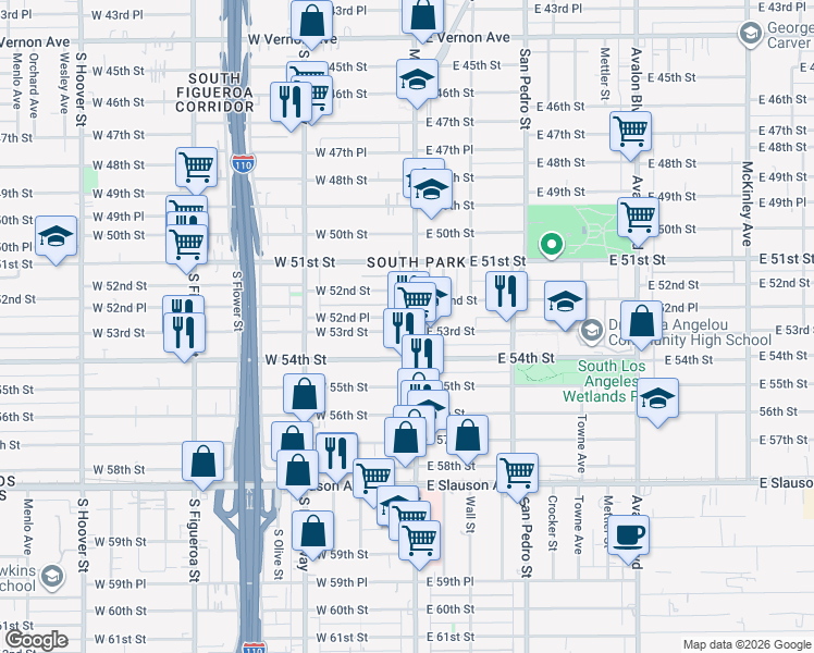 map of restaurants, bars, coffee shops, grocery stores, and more near 126 West 52nd Place in Los Angeles
