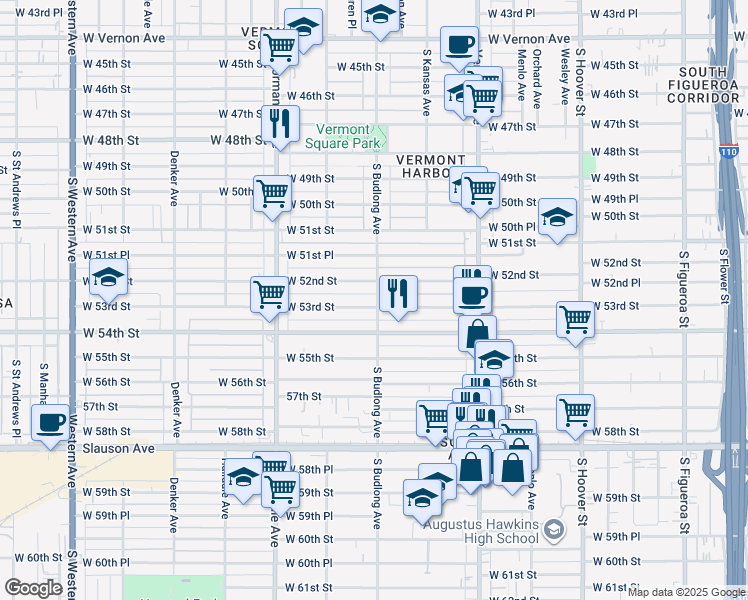 map of restaurants, bars, coffee shops, grocery stores, and more near 1201 W 53rd St in Los Angeles