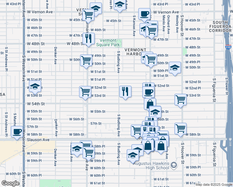 map of restaurants, bars, coffee shops, grocery stores, and more near 1201 West 53rd Street in Los Angeles
