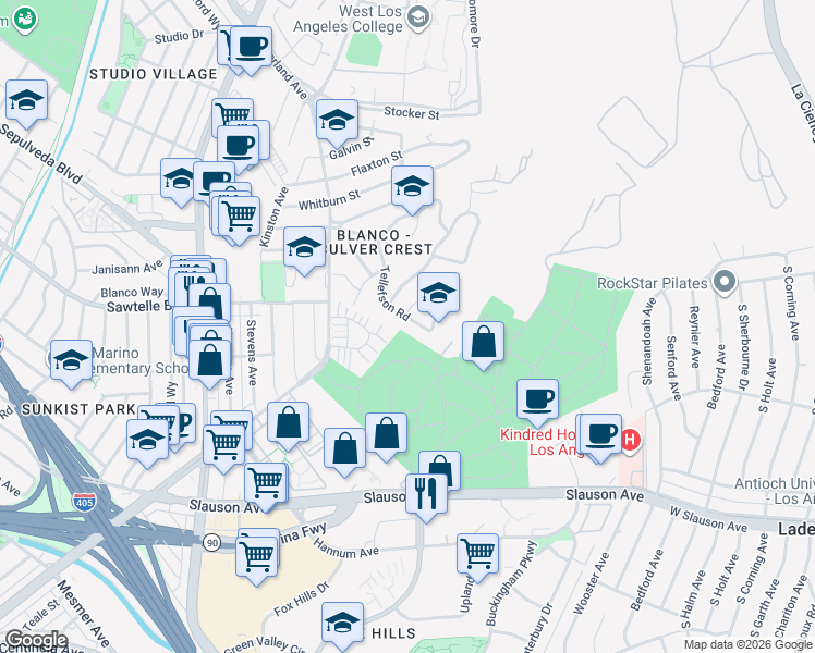 map of restaurants, bars, coffee shops, grocery stores, and more near 5841 Tellefson Road in Culver City