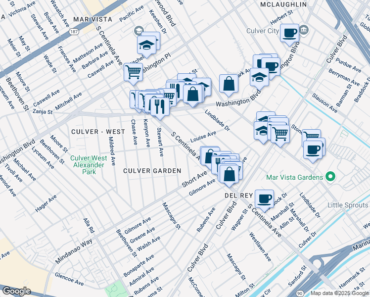 map of restaurants, bars, coffee shops, grocery stores, and more near 4308 1/2 South Centinela Avenue in Los Angeles