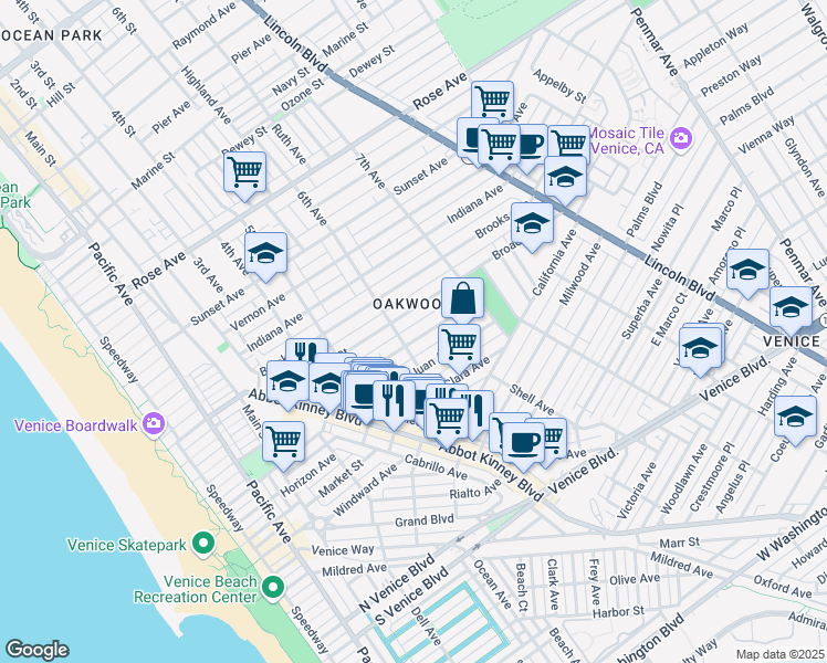 map of restaurants, bars, coffee shops, grocery stores, and more near 627 Westminster Avenue in Los Angeles