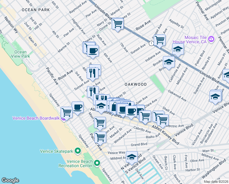 map of restaurants, bars, coffee shops, grocery stores, and more near 512 Brooks Avenue in Los Angeles