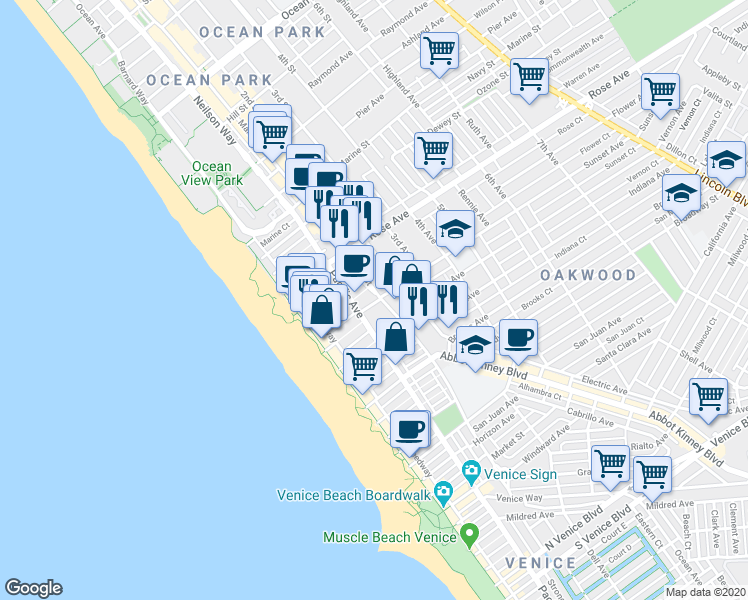 map of restaurants, bars, coffee shops, grocery stores, and more near 202 Sunset Avenue in Los Angeles