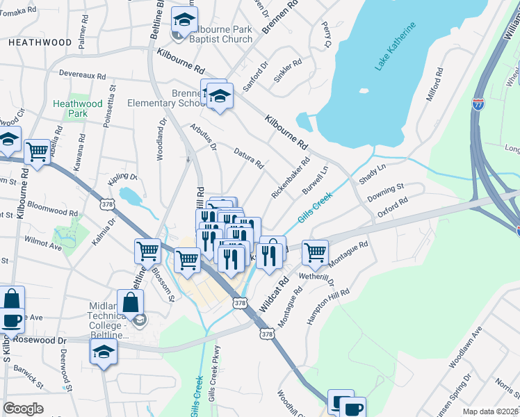 map of restaurants, bars, coffee shops, grocery stores, and more near 815 Rickenbaker Road in Columbia