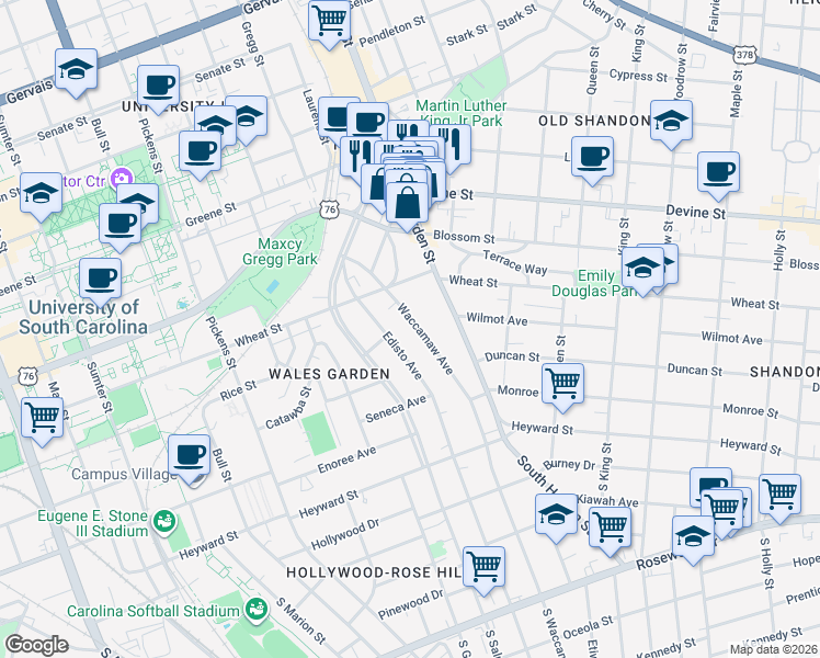 map of restaurants, bars, coffee shops, grocery stores, and more near 330 Waccamaw Avenue in Columbia
