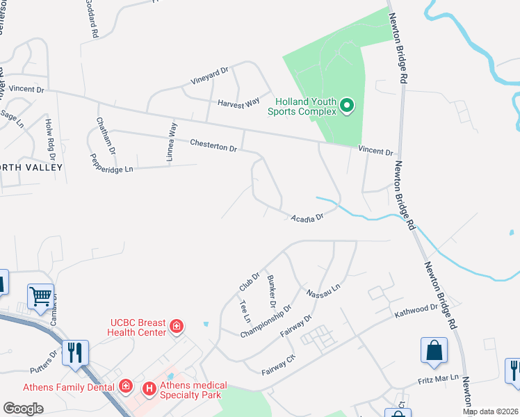 map of restaurants, bars, coffee shops, grocery stores, and more near 246 Acadia Drive in Athens