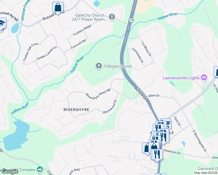 map of restaurants, bars, coffee shops, grocery stores, and more near 1237 Stoneshyre Court in Lawrenceville