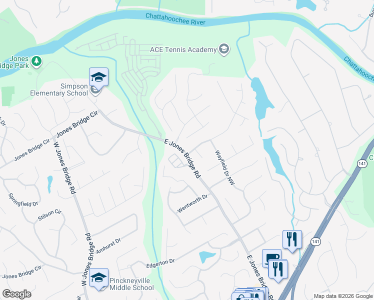 map of restaurants, bars, coffee shops, grocery stores, and more near 5102 Audley Lane Northwest in Norcross