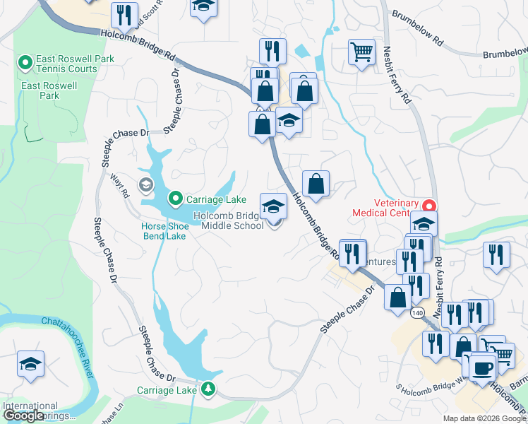 map of restaurants, bars, coffee shops, grocery stores, and more near 550 South Riversong Lane in Alpharetta