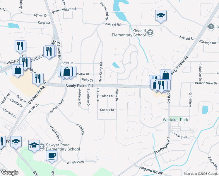 map of restaurants, bars, coffee shops, grocery stores, and more near 1806 Sandy Plains Road in Marietta