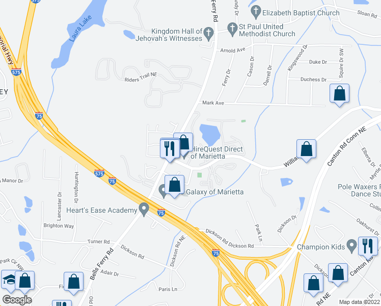 map of restaurants, bars, coffee shops, grocery stores, and more near 396 Oak Harbor Trail in Marietta