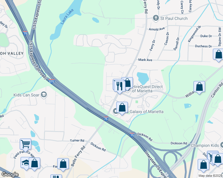 map of restaurants, bars, coffee shops, grocery stores, and more near 1704 Barrington Overlook in Marietta