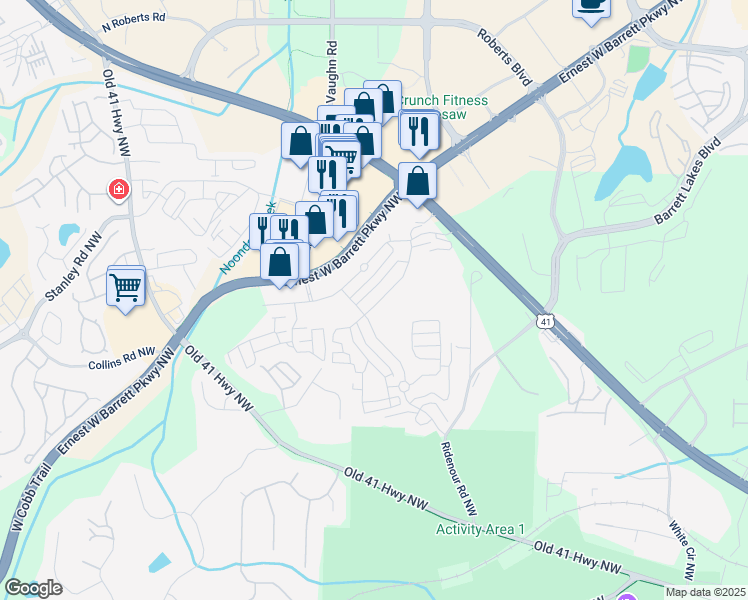 map of restaurants, bars, coffee shops, grocery stores, and more near 1775 Willow Branch Lane in Kennesaw