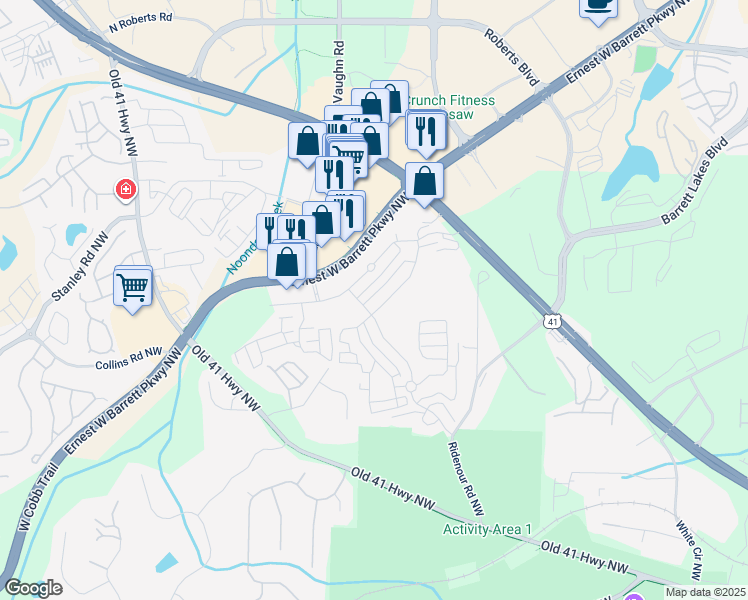 map of restaurants, bars, coffee shops, grocery stores, and more near 1775 Willow Branch Lane in Kennesaw
