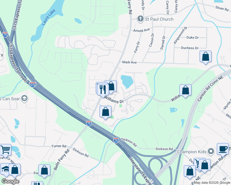 map of restaurants, bars, coffee shops, grocery stores, and more near 398 Oak Harbor Trail in Marietta