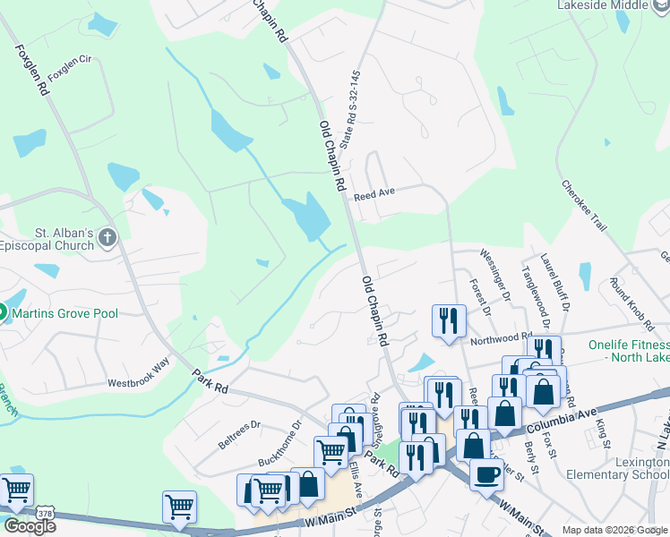 map of restaurants, bars, coffee shops, grocery stores, and more near 116 Waverly Point Drive in Lexington