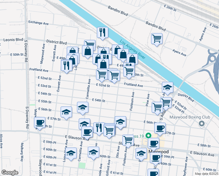 map of restaurants, bars, coffee shops, grocery stores, and more near 4022 East 52nd Street in Maywood