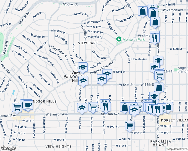 map of restaurants, bars, coffee shops, grocery stores, and more near 5218 Angeles Vista Boulevard in View Park-Windsor Hills